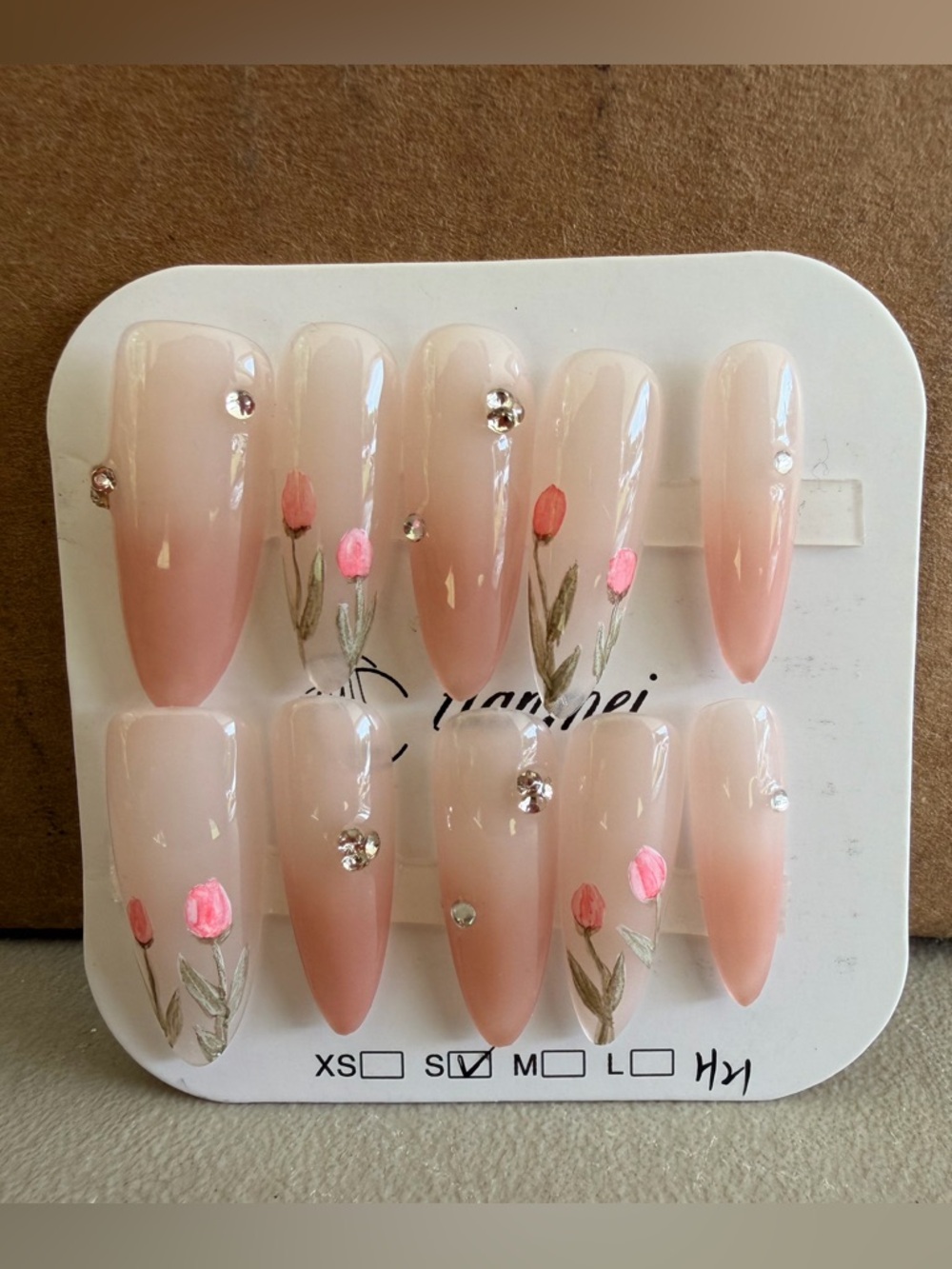 Pink ombré long nails floral nails 💅 with rhinestones size small